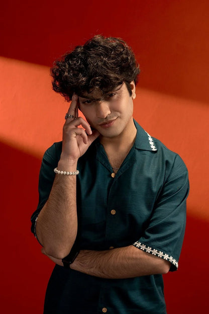 Koti Apparels sea green unisex cotton shirt with Koti embroidery on collar and sleeves, relaxed fit, quarter sleeves.