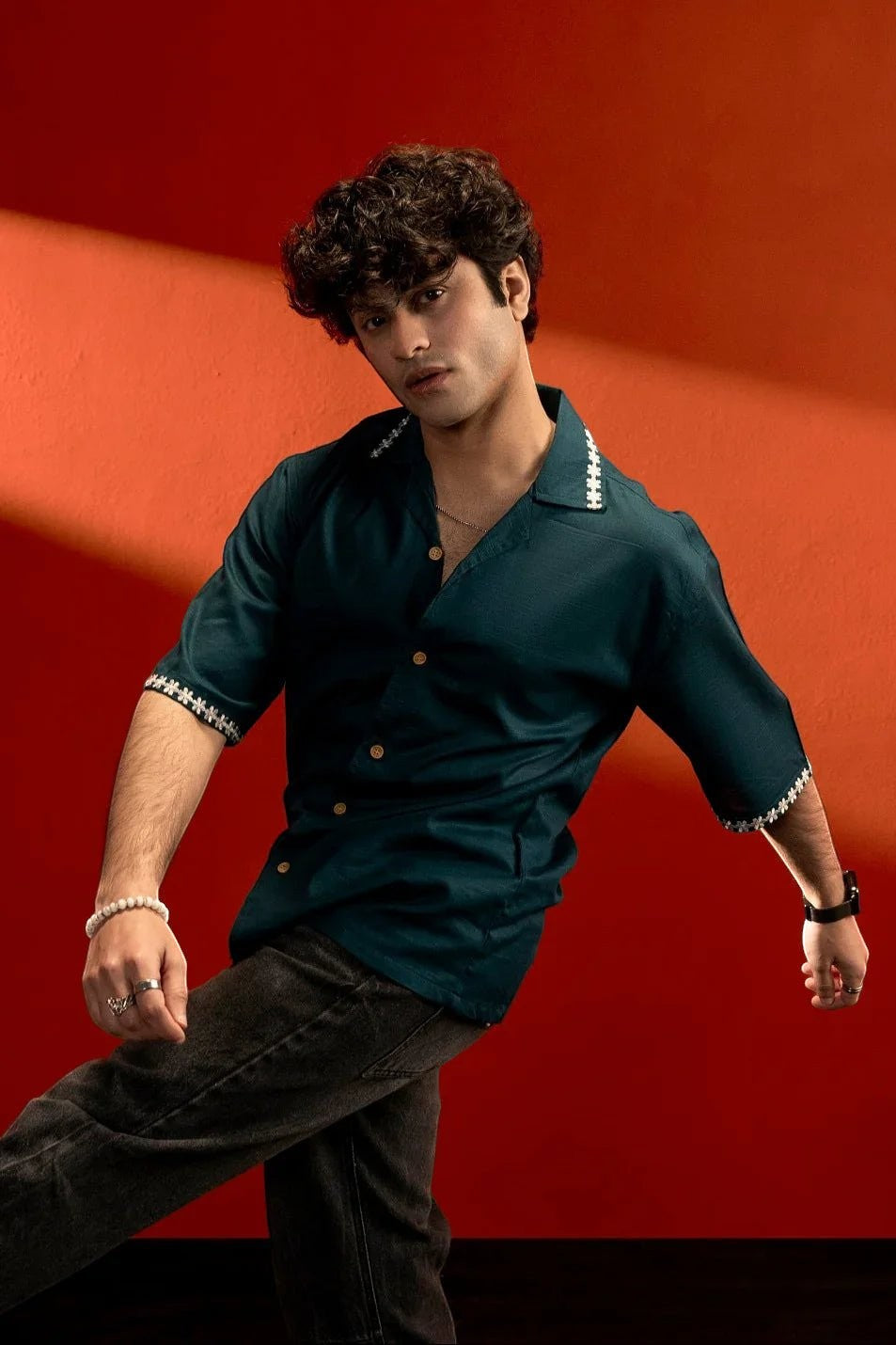Koti Apparels sea green unisex cotton shirt with Koti embroidery on collar and cuffs, quarter sleeves, and wooden buttons.