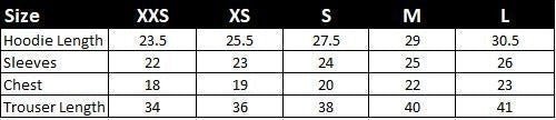 Koti Apparels TAKE ACTION Heavyweight Unisex Hoodie & Trouser Set size chart with measurements for hoodie length, sleeves, chest, and trouser length.