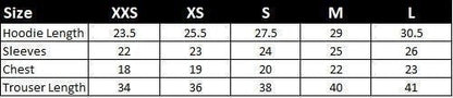 Koti Apparels TAKE ACTION Heavyweight Unisex Hoodie & Trouser Set size chart with measurements for hoodie length, sleeves, chest, and trouser length.
