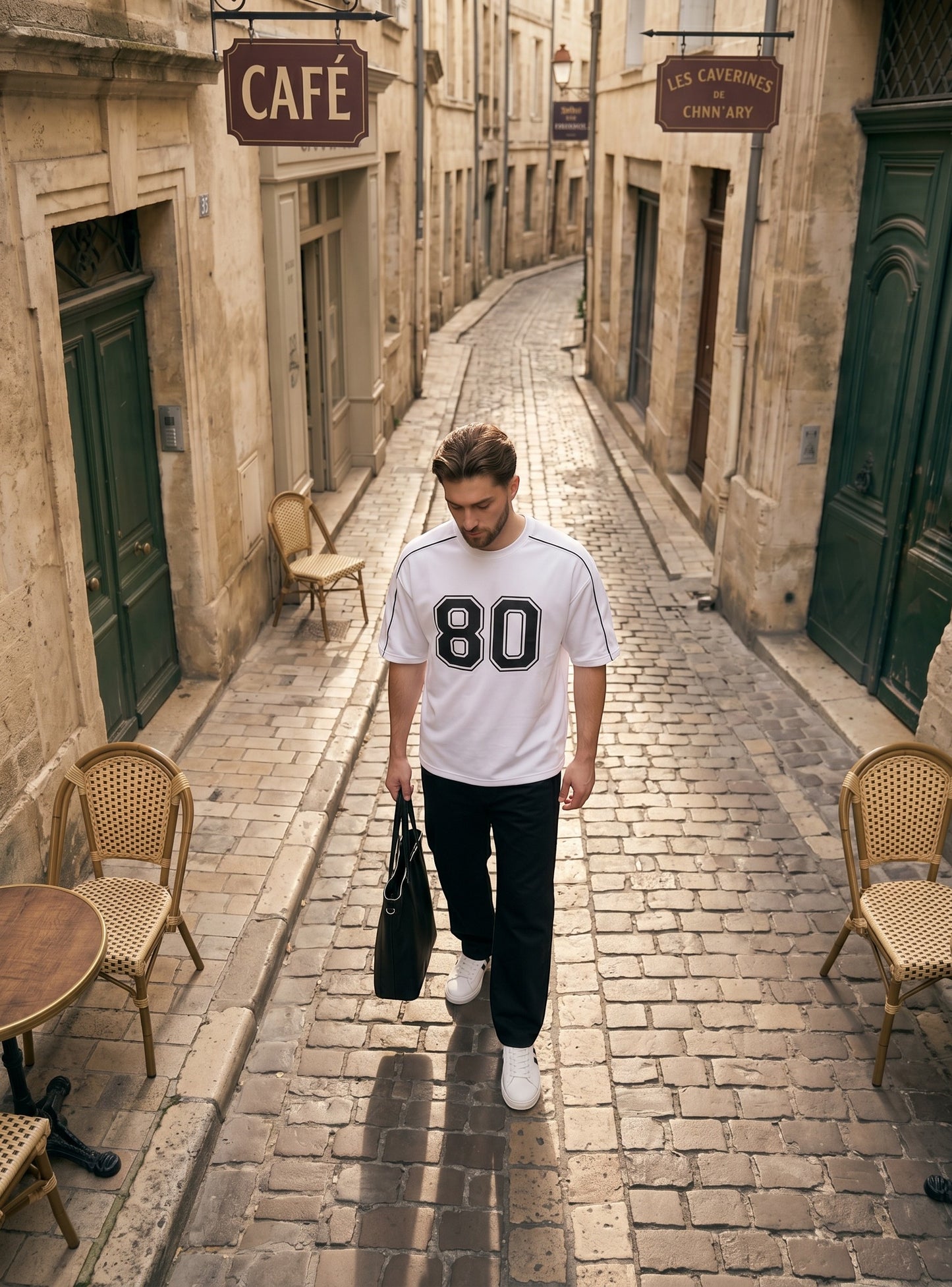Koti Apparels white cotton down shoulder t-shirt with black 80 graphic and piping worn by a man in a cobblestone alley
