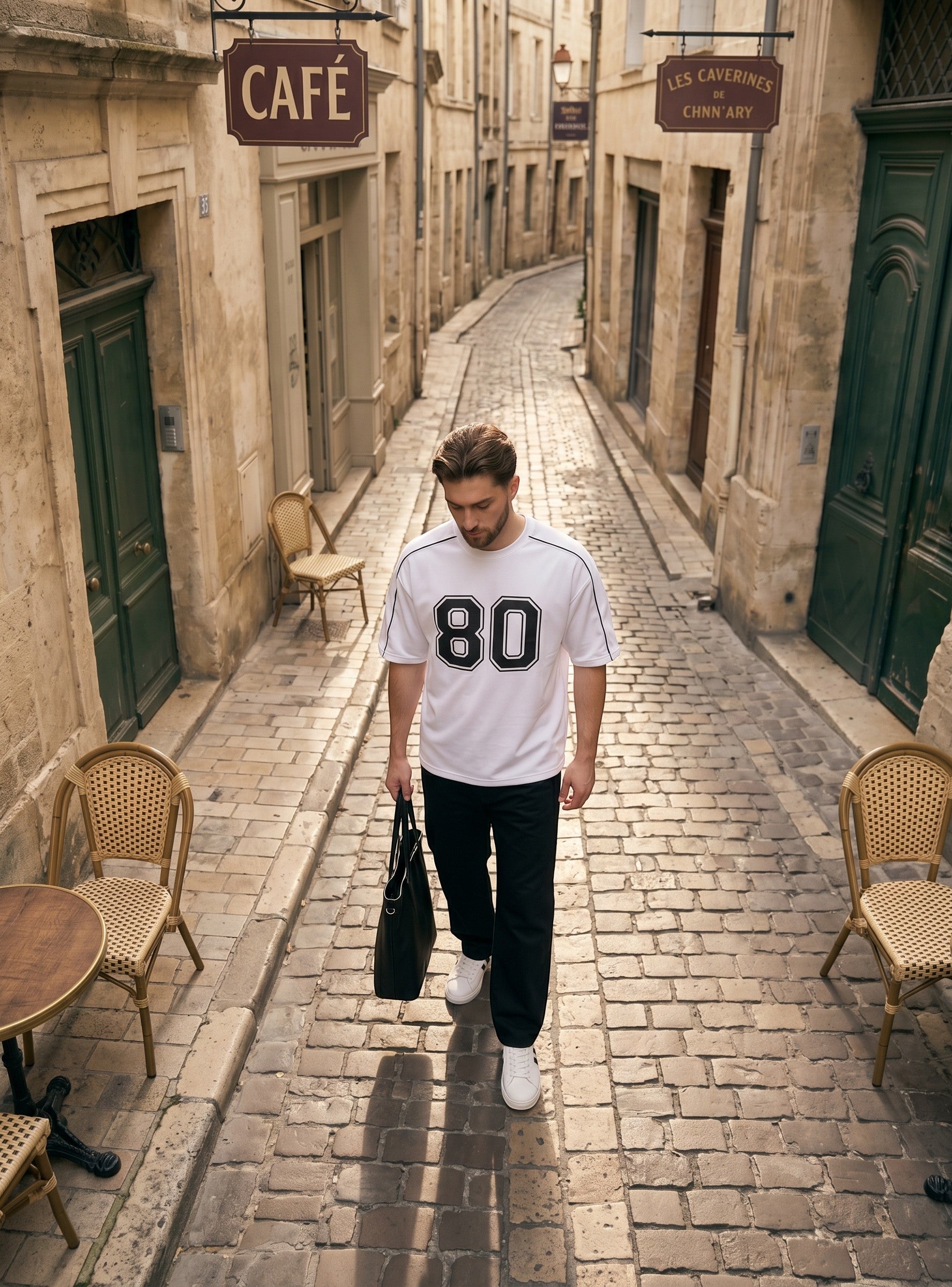 Koti Apparels white cotton down shoulder t-shirt with black 80 graphic and piping worn by a man in a cobblestone alley
