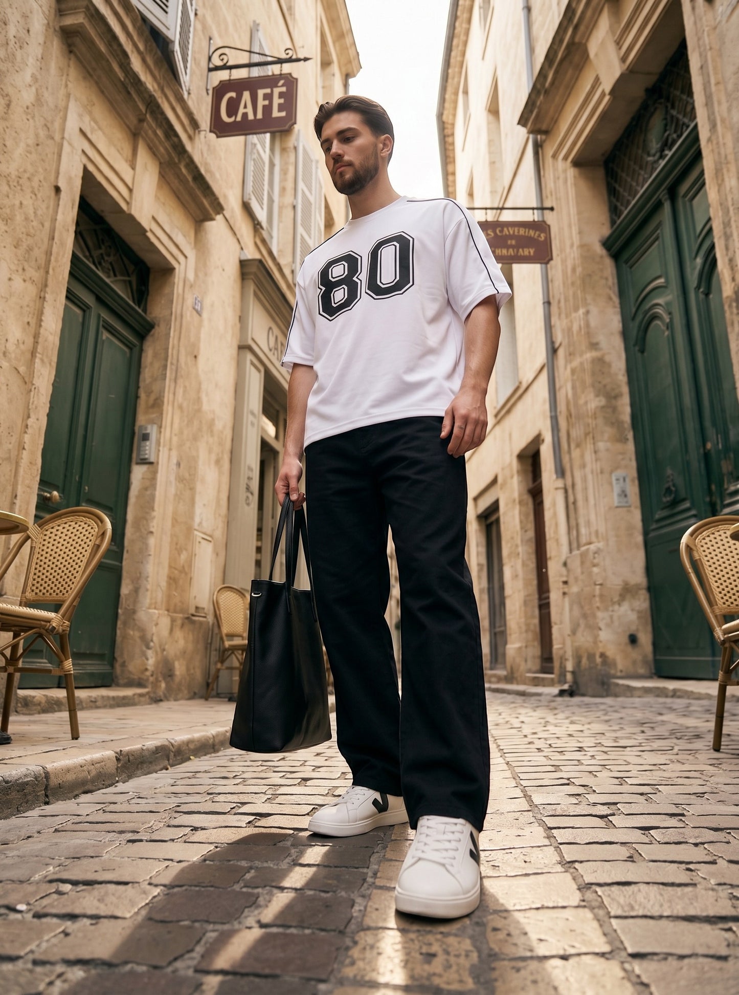 Koti Apparels white cotton down shoulder t-shirt with black 80 graphic and piping worn by a man on a city street.